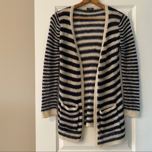 Anthropologie Wooden Ships Striped Cardigan Sweater w Pockets Navy Blue Size S/M - Picture 1 of 9